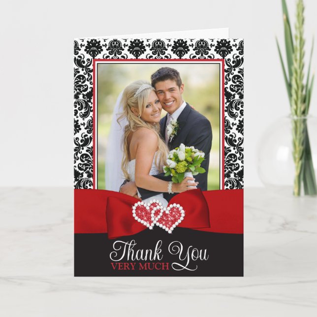 Red, Black, White Damask Love Hearts Wedding Thank You Card (Front)