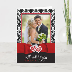 Red, Black, White Damask Love Hearts Wedding Thank You Card