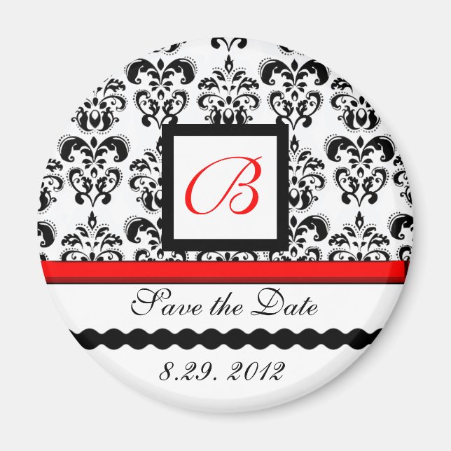 RED BLACK WHITE DAMASK MONOGRAM,Save The Date Magnet (Front)