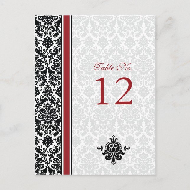Red, Black, White Damask Table Number Card (Front)