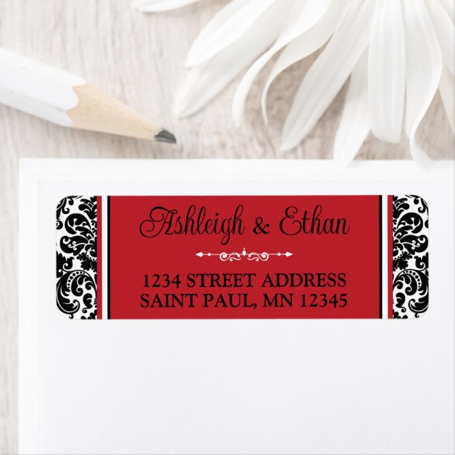 Red, Black White Damask Wedding Address Return Address Label (Insitu)