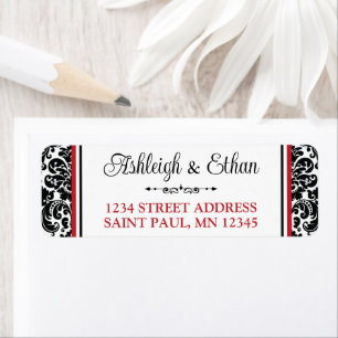 Red, Black White Damask Wedding Address Return Address Label