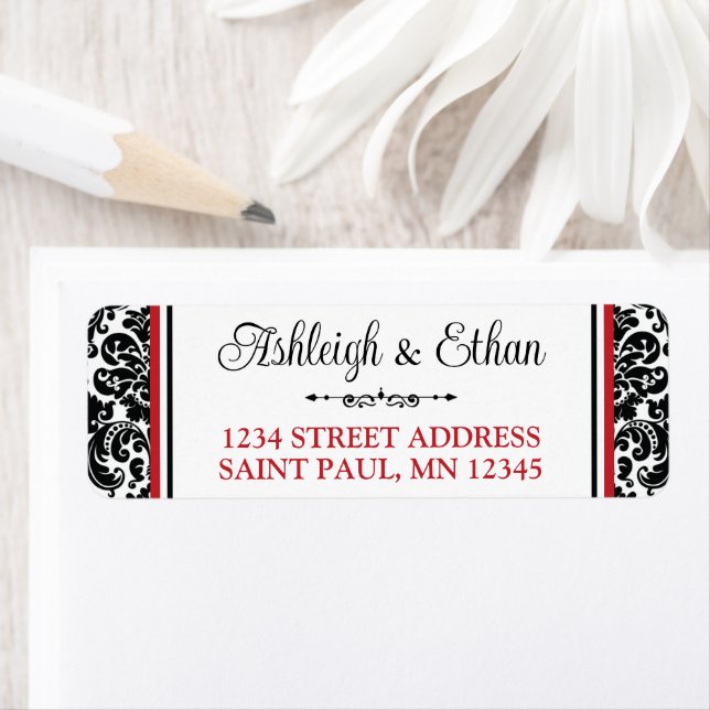 Red, Black White Damask Wedding Address Return Address Label (Insitu)