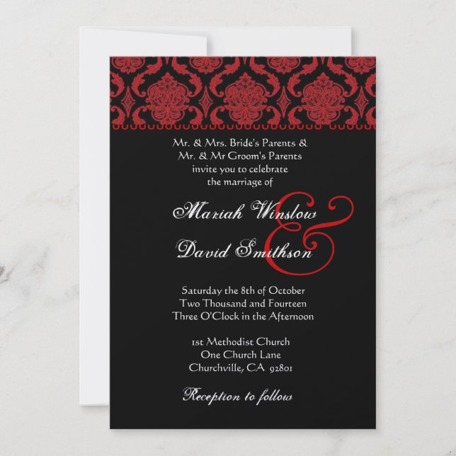 Red Black White Damask Wedding Metallic Template (Front)