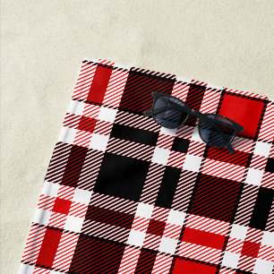 Red Black White Flannel Tartan Pattern Design Beach Towel