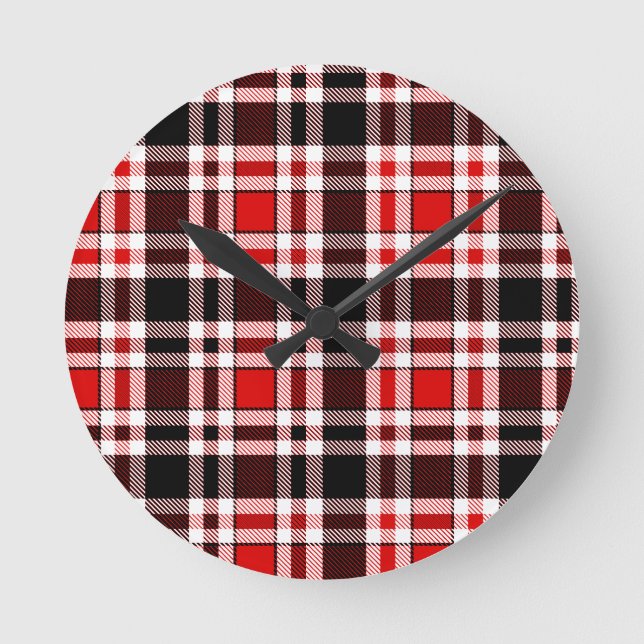 Red Black White Flannel Tartan Pattern Design  Round Clock (Front)
