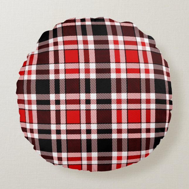 Red Black White Flannel Tartan Pattern Design  Round Cushion (Front)