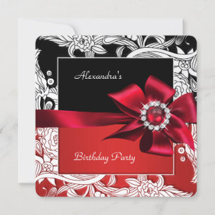 Red Black White Floral Birthday Party Invitation