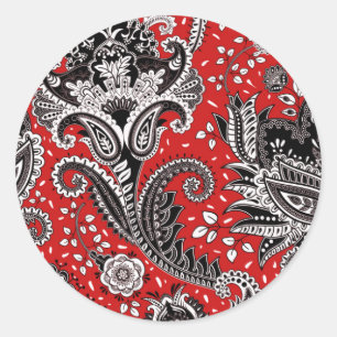 Red Black & White Floral Paisley Bohemian Boho Classic Round Sticker