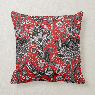 Red Black & White Floral Paisley Bohemian Boho Cushion