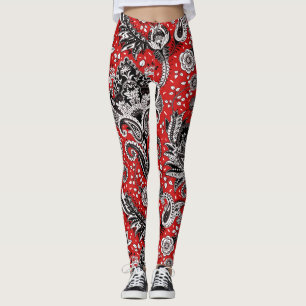 Red Black & White Floral Paisley Bohemian Boho Leggings