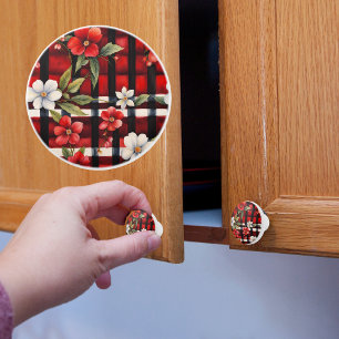 Red Black White Floral Plaid Farmhouse Ceramic Knob