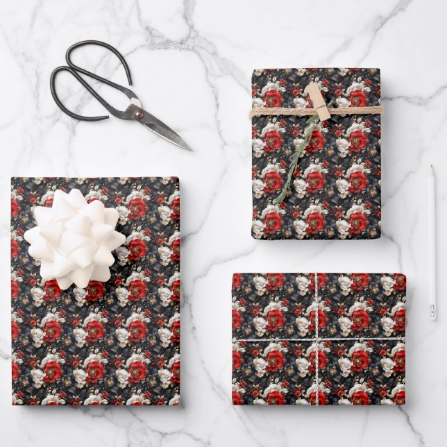 Red, Black & White Floral Wrapping Paper Sheet (Front)