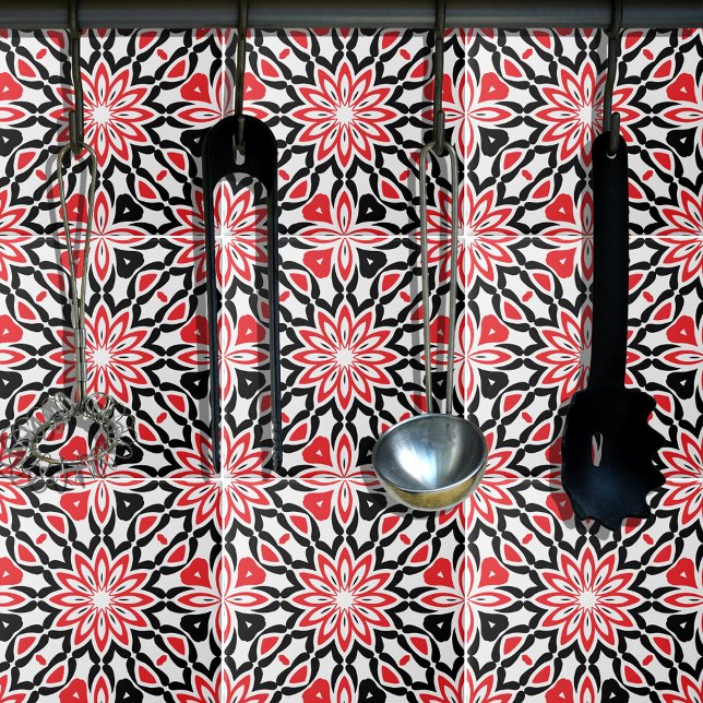 Red Black White Geometric Ethnic Kaleidoscopic Ceramic Tile (Creator Uploaded)