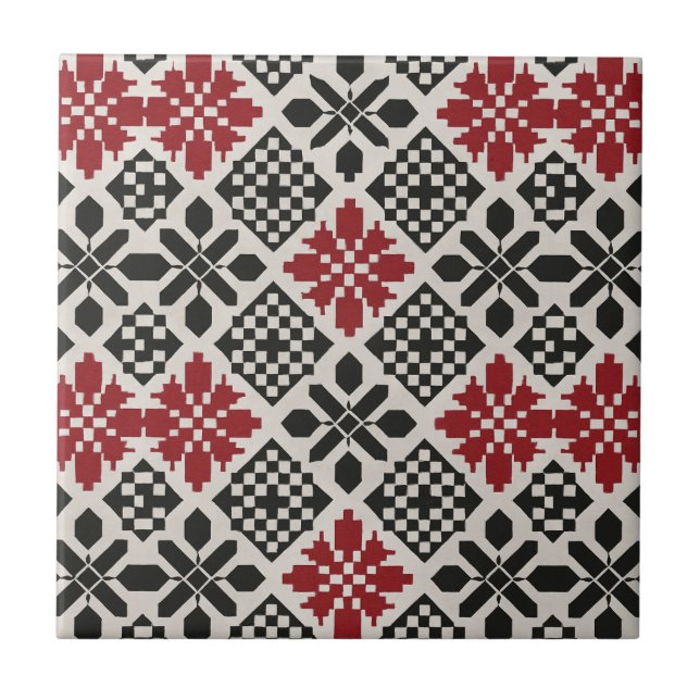 Red Black White Geometric Folk Ceramic Tile Boho (Front)