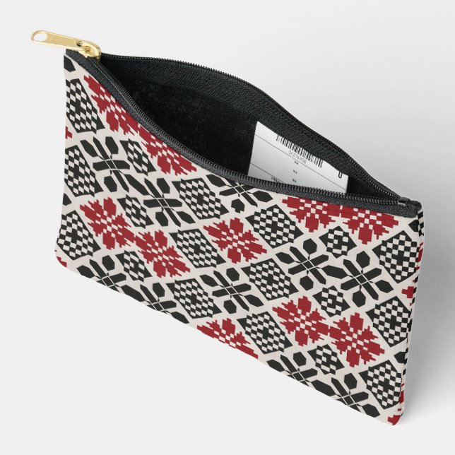 Red Black White Geometric Folk Pattern Accessory Pouch (Open)