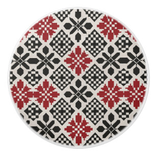 Red Black White Geometric Folk Pattern Ceramic Knob