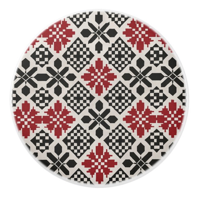 Red Black White Geometric Folk Pattern Ceramic Knob (Front)