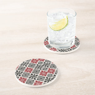Red Black White Geometric Folk Pattern Coaster