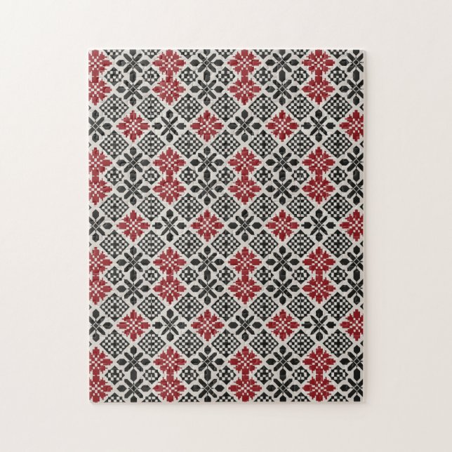 Red Black White Geometric Folk Pattern Jigsaw Puzzle (Vertical)