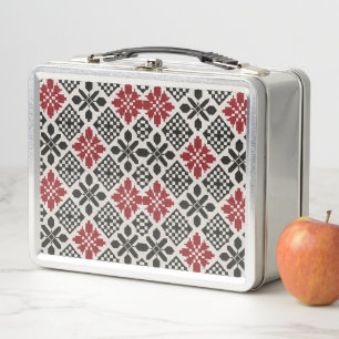 Red Black White Geometric Folk Pattern Metal Lunch Box