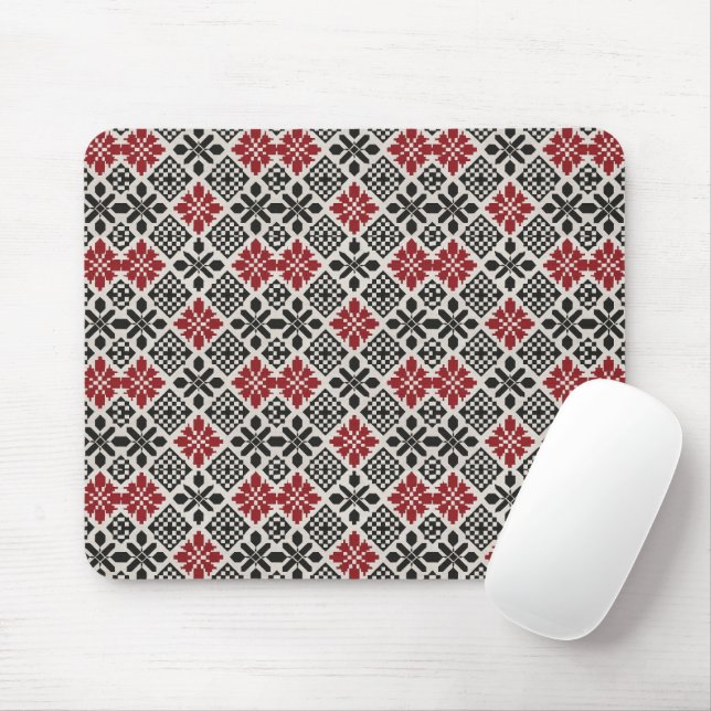 Red Black White Geometric Folk Pattern Mouse Pad (With Mouse)