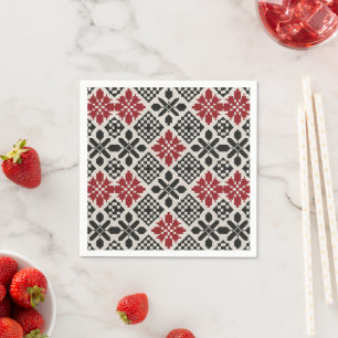 Red Black White Geometric Folk Pattern Napkin