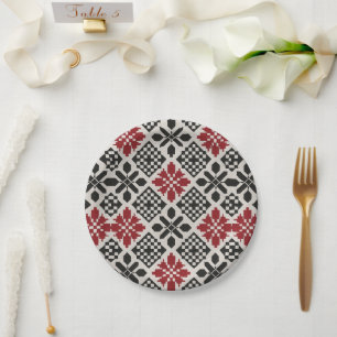 Red Black White Geometric Folk Pattern Paper Plate