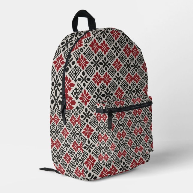 Red Black White Geometric Folk Pattern Printed Backpack (Back Corner Left)