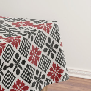 Red Black White Geometric Folk Pattern Tablecloth