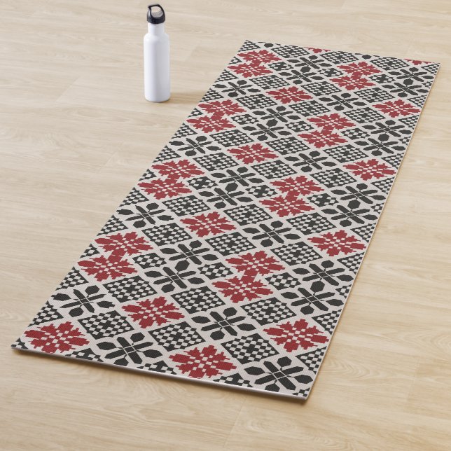 Red Black White Geometric Folk Pattern Yoga Mat (In Situ)