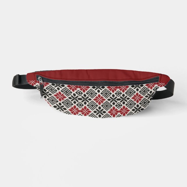 Red Black White Geometric Keffiyeh Folk Pattern Bum Bags (Front)