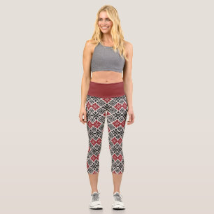 Red Black White Geometric Keffiyeh Folk Pattern Capri Leggings