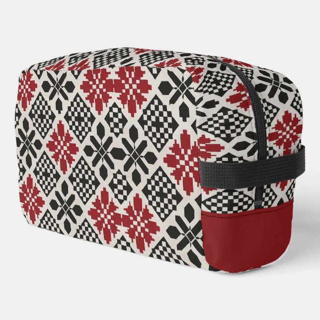 Red Black White Geometric Keffiyeh Folk Pattern Dopp Kit (Left Corner)