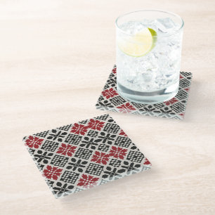 Red Black White Geometric Keffiyeh Folk Pattern Glass Coaster
