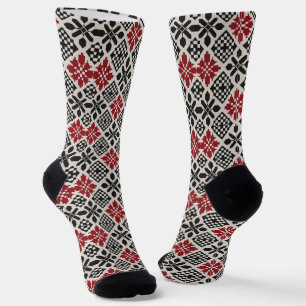 Red Black White Geometric Keffiyeh Folk Pattern Socks