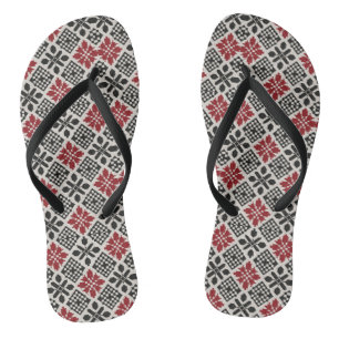 Red Black White Geometric Keffiyeh Folk Pattern Thongs
