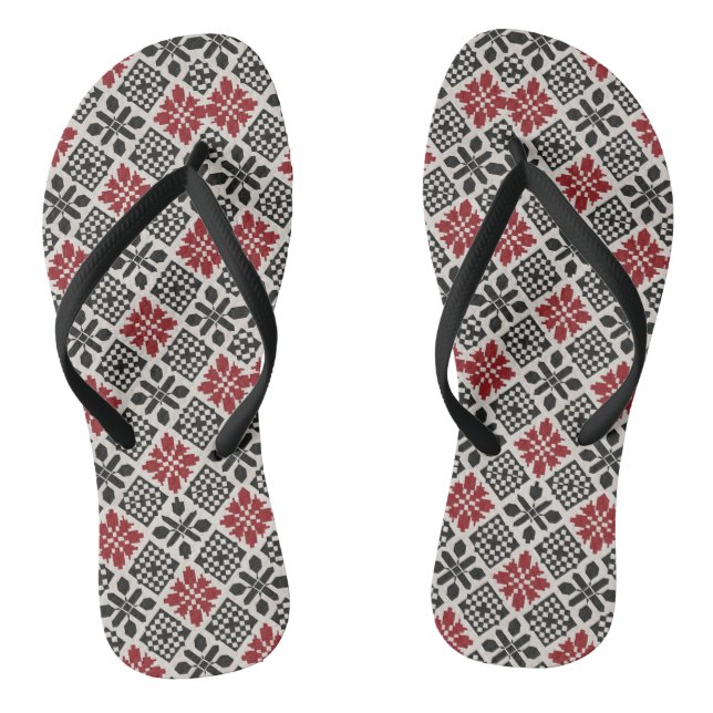 Red Black White Geometric Keffiyeh Folk Pattern Thongs (Footbed)