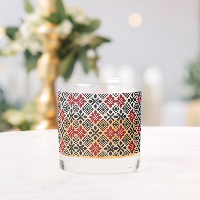 Red Black White Geometric Keffiyeh Folk Pattern Whiskey Glass (Insitu (Wedding))