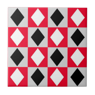 Red Black White Geometric Rhombus Diamond Ceramic Tile