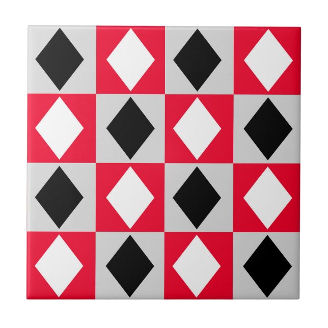 Red Black White Geometric Rhombus Diamond Ceramic Tile (Front)