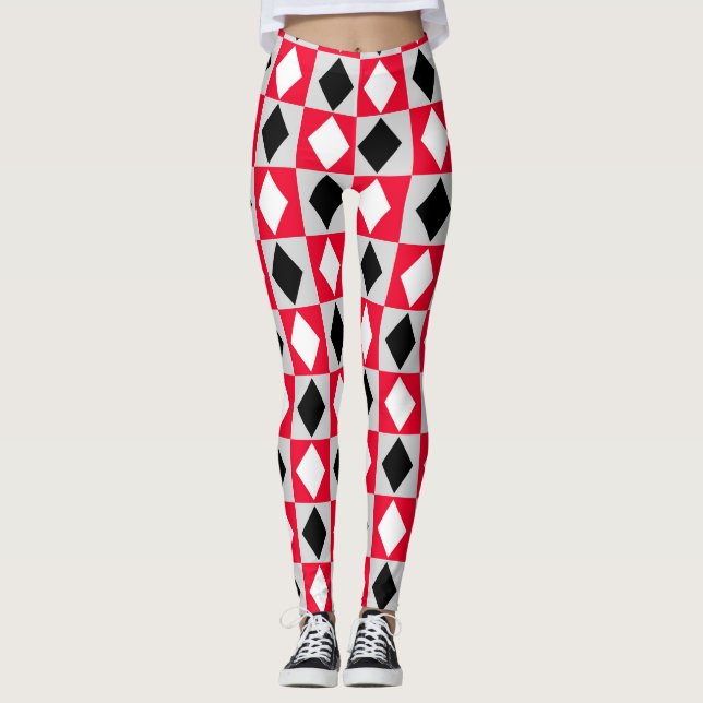 Red Black White Geometric Rhombus Diamond Leggings (Front)