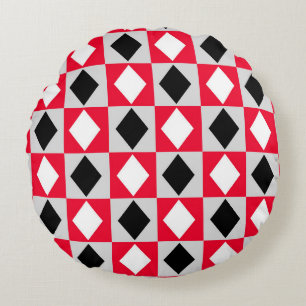 Red Black White Geometric Rhombus Diamond Round Cushion