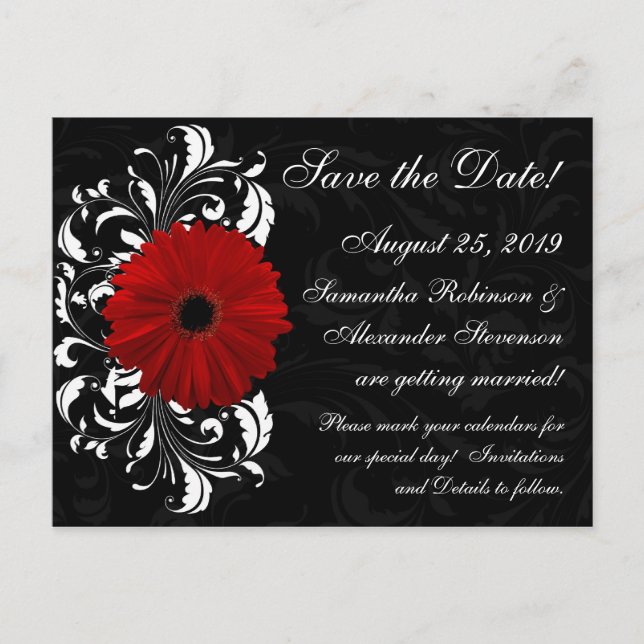 Red+Black+White Gerbera Daisy Save the Date Announcement Postcard (Front)