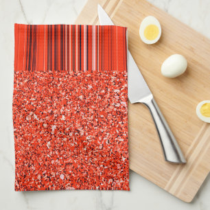 Red Black White Glitter and Stripes Tea Towel