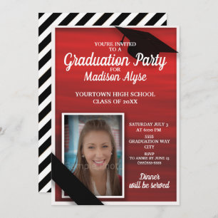 Red Black White Graduation Party Photo Invitation