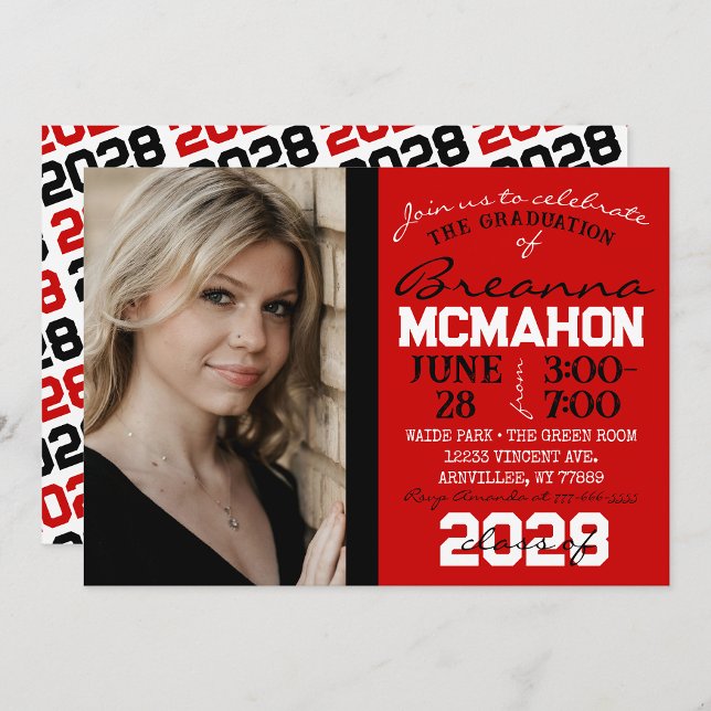 Red, Black & White Graduation Photo Invitation ( Repeating Class Year 1 & 2 Photo Graduation Invitations & Announcements)