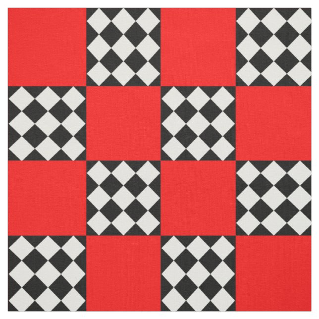 Red Black White Harlequin Square Shape Textile Fabric (Swatch)