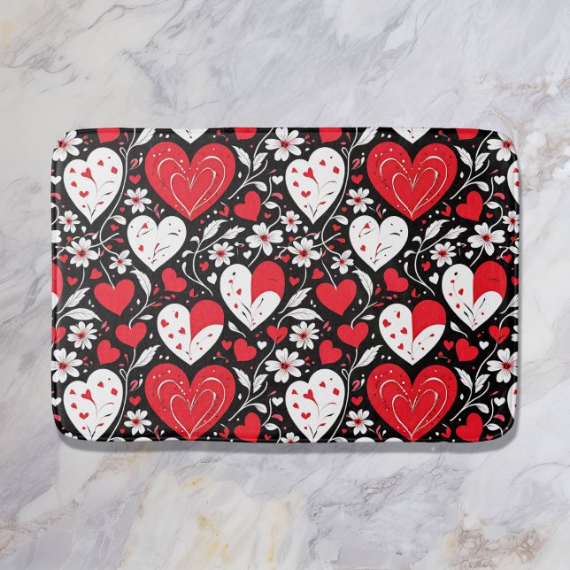Red, Black & White Hearts and Flowers Bath Mat (Creator Uploaded)