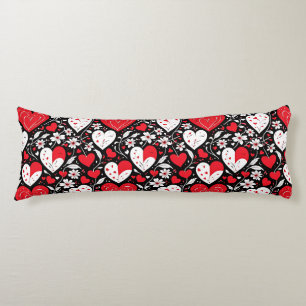 Red, Black & White Hearts and Flowers Body Cushion